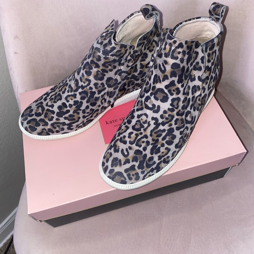 Kate Spade women leopard suede high top platform hidden wedge sneaker boots 7.5